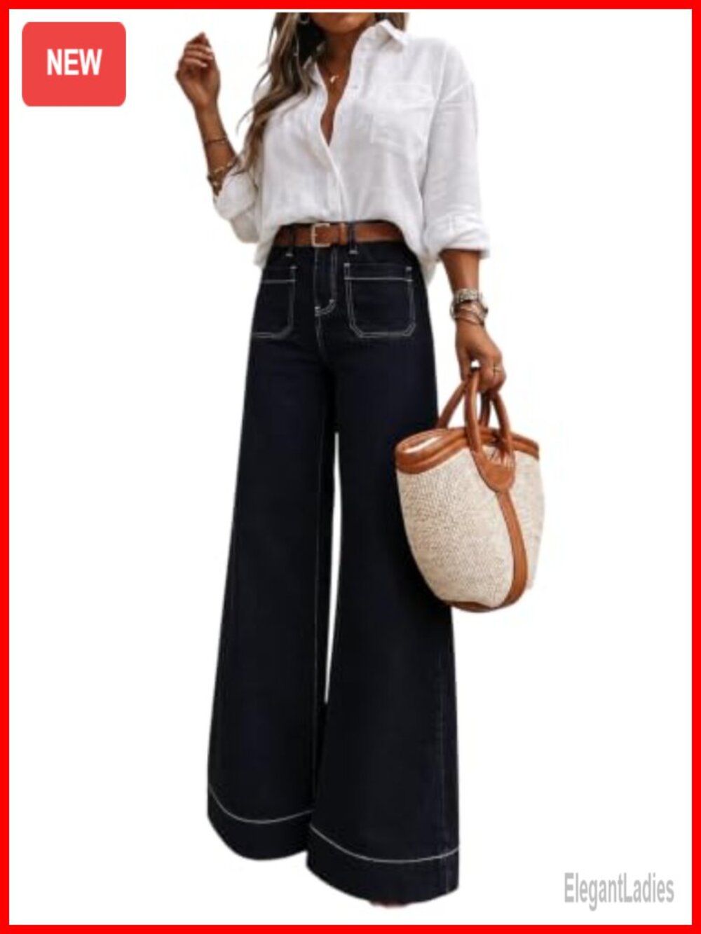 Women's High Waisted Wide Leg Jeans with Retro Patch Pockets Stretchy 70s